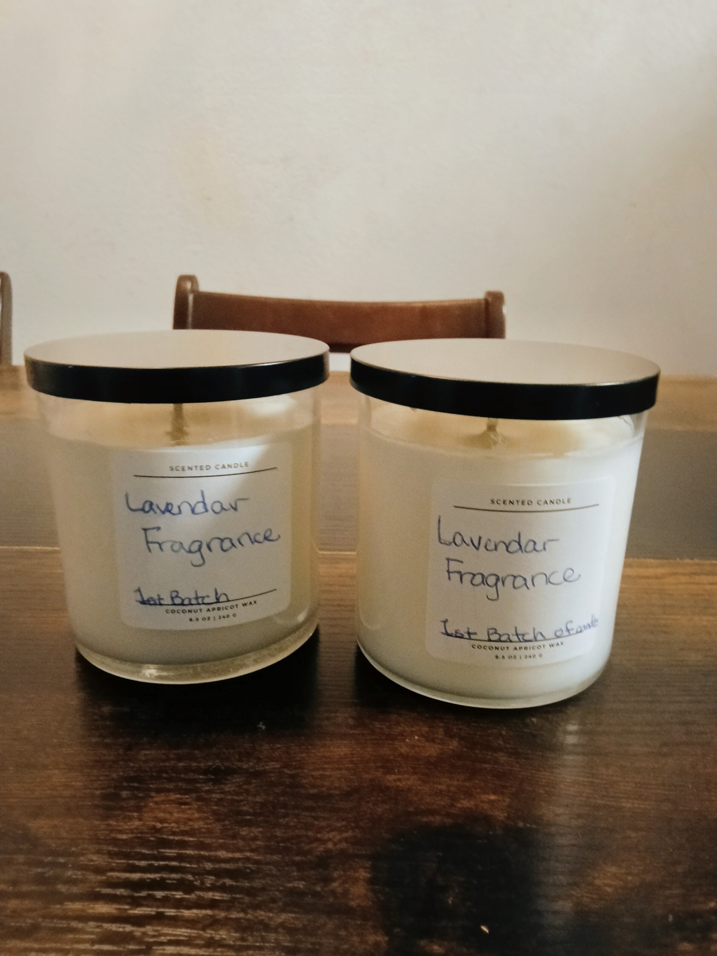 My first batch of handmade lavender candles, hand-labeled